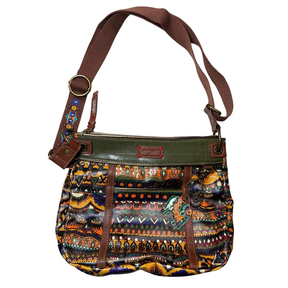 Sakroots Artist Circle Crossbody‎ Bag Tribal Geometric Coated Canvas Multi-Color